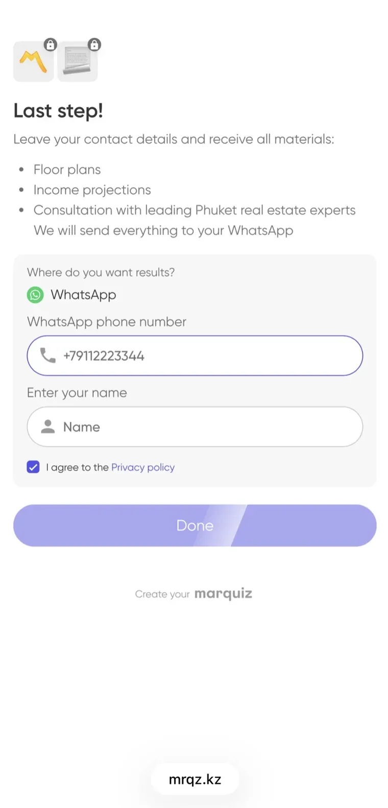 Contact step of the quiz