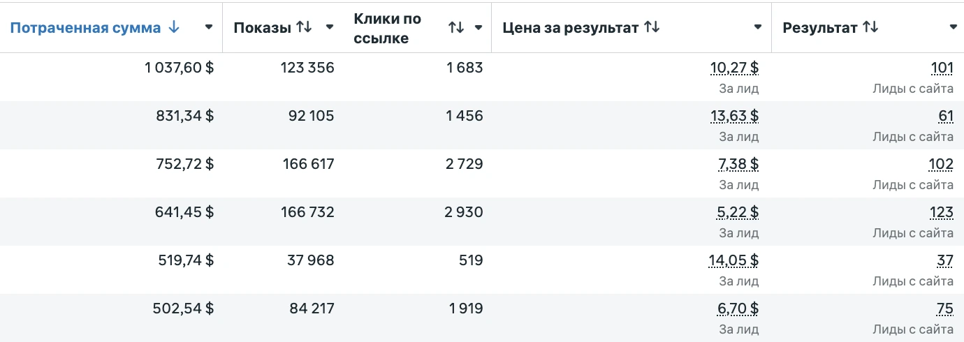 Рекламный кабинет клиента в Турции: шесть кампаний, цена за лид от $5.22 до $14.05