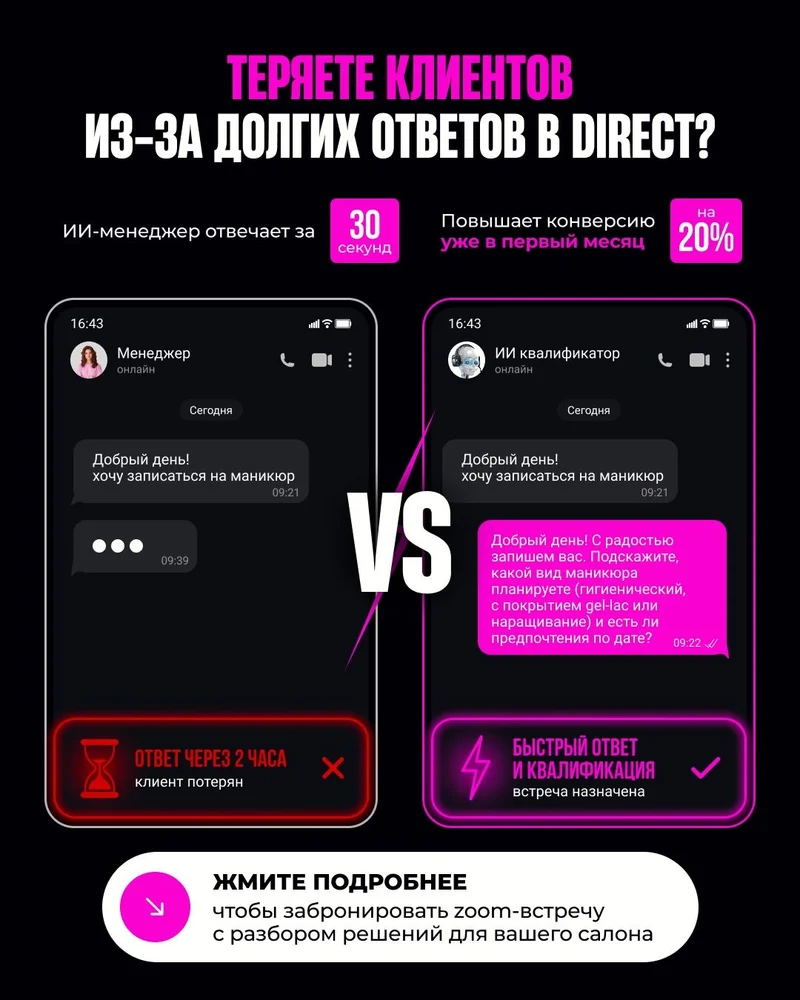 Рекламный креатив: теряете клиентов из-за долгих ответов в Direct? ИИ-менеджер отвечает за 30 секунд
